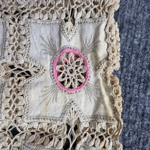 VTG Hand-Crocheted Lace‎ Table Runner With Pink Floral Accents 12" X 40" Boho - Picture 11 of 12